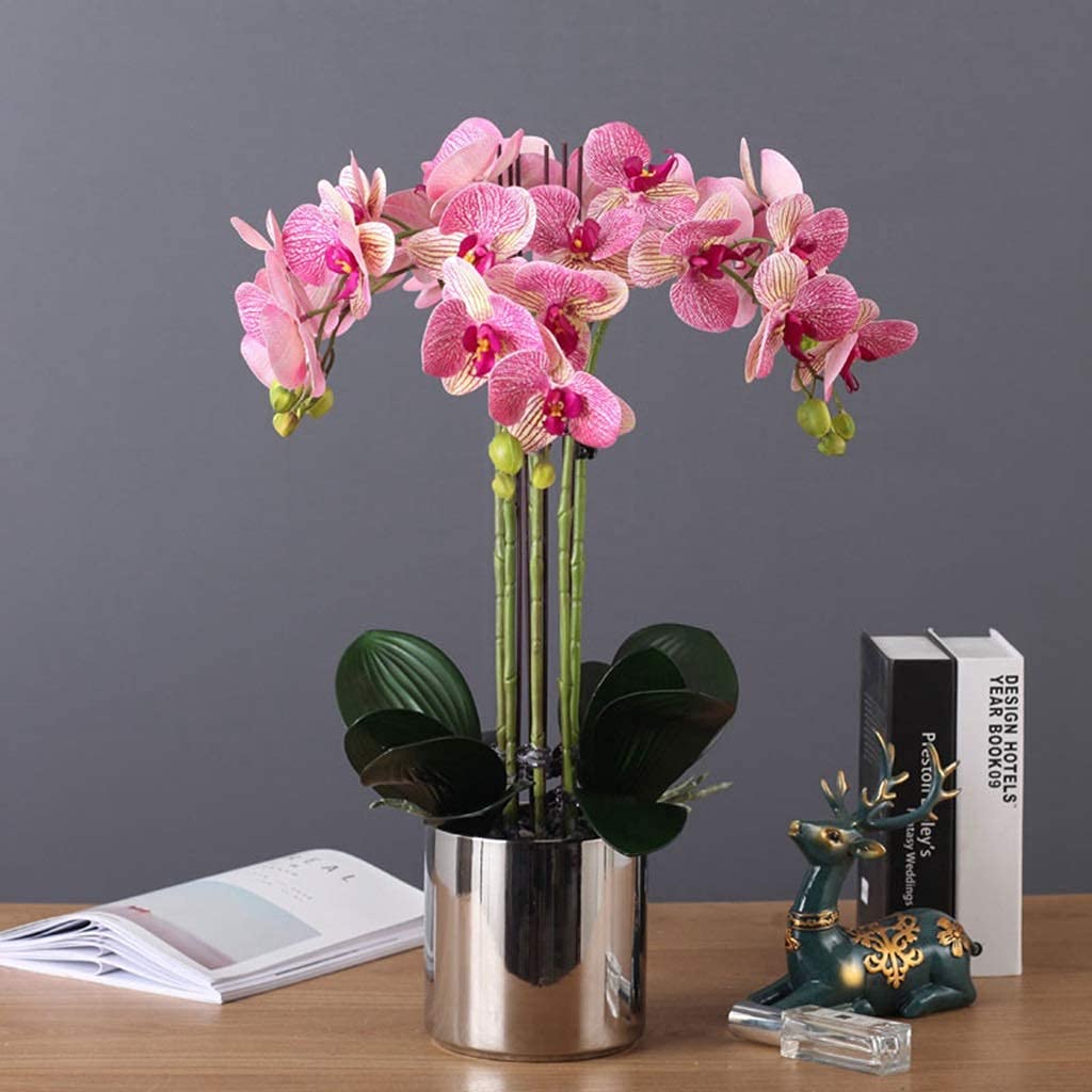 Artificial Phalaenopsis Orchid Flower in Pot - Faux Orchid Plant in Vase for Wedding, Party, Dining Table Centerpiece Decor - Red (Perfect for Home, Office & Event Decoration)