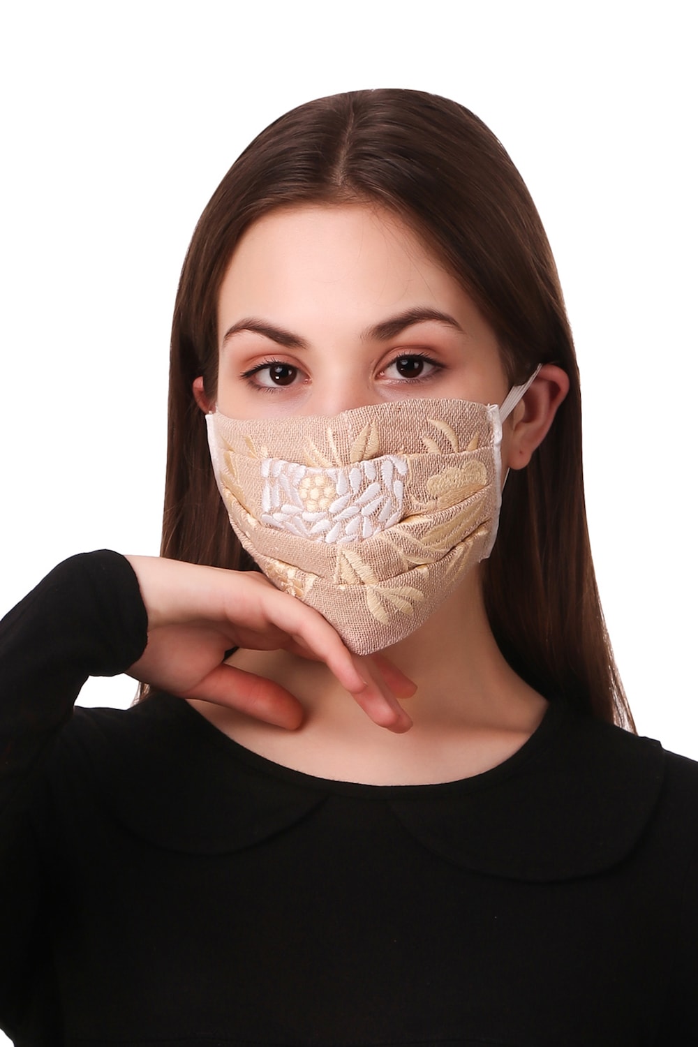 Floral Embroidered Jute Pleated Face Mask - Reusable & Breathable Cotton Fabric for Women - Perfect for Daily Use, Outdoor Activities & Travel Protection