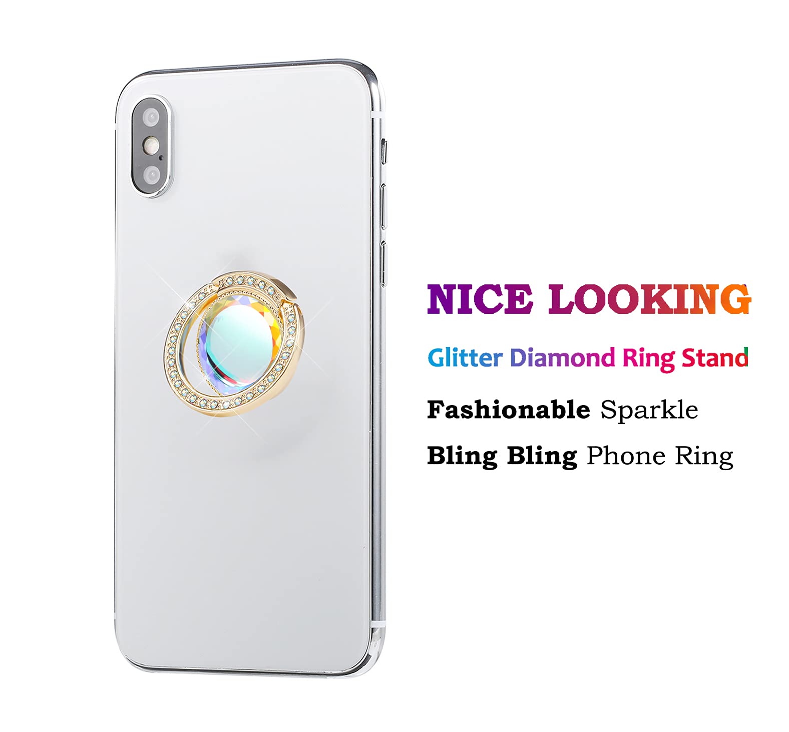 Sparkly Glitter Phone Ring Holder with Flat Diamond & Rhinestone - Bling Bling Phone Grip Stand for iPhone, Samsung & Smartphones - Gold (Perfect for Selfies, Videos & Secure Grip)