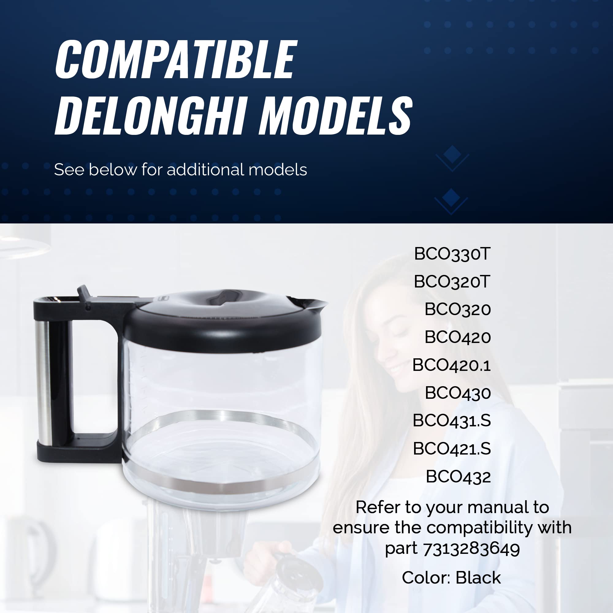 FineParts Replacement Glass Coffee Carafe for DeLonghi Espresso Maker - Model 7313283649 / AS00000675 - 10-Cup Capacity - Perfect for Home & Office Coffee Brewing