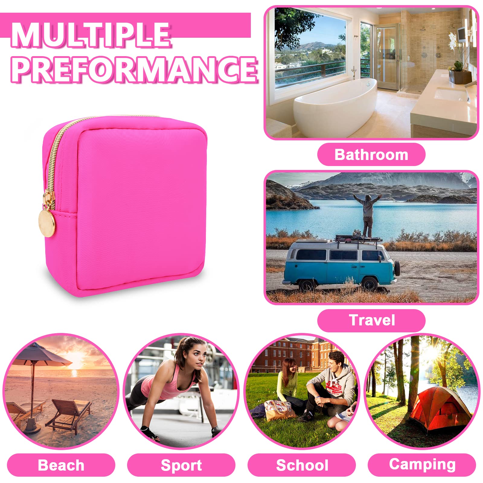 Waterproof Mini Makeup Bag for Women - Small Cosmetic Travel Organizer with Zipper, Nylon Toiletry Pouch for Purse, Girls & Teens - Cute Preppy Coin Purse for Work, Gym & Daily Essentials (Mini Hot Pink) - Perfect for Travel, School & On-the-Go Organization