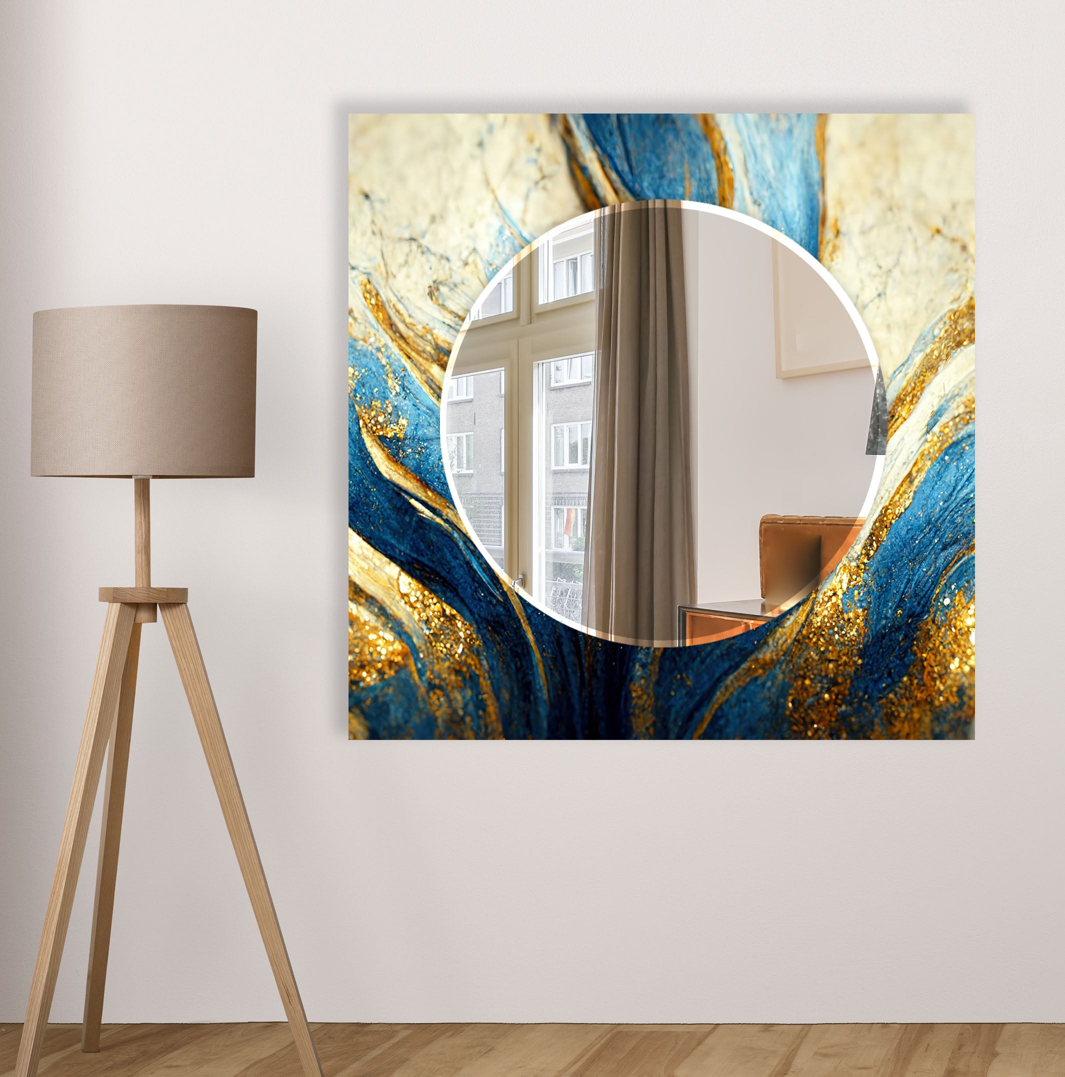 Blue & Gold Marble Glass Wall Mirror - Elegant Abstract Decor for Living Room, Bedroom & Entryway | Stylish Home Accent Piece for Modern Interiors