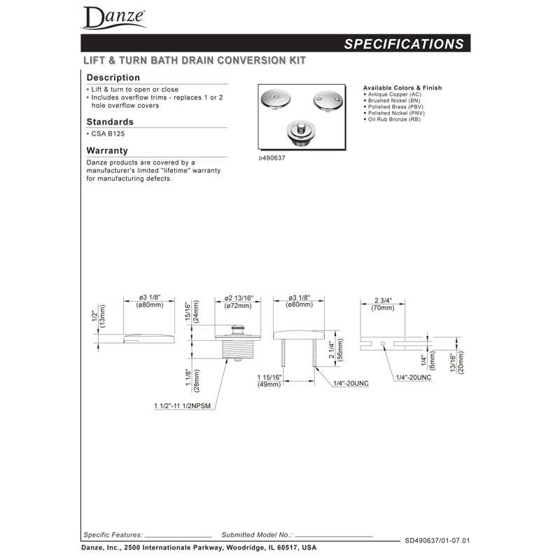 Danze Brushed Nickel Lift & Turn Bathtub Drain and Overflow Cover Plate Kit - Durable Bathroom Hardware for Easy Drainage & Overflow Protection