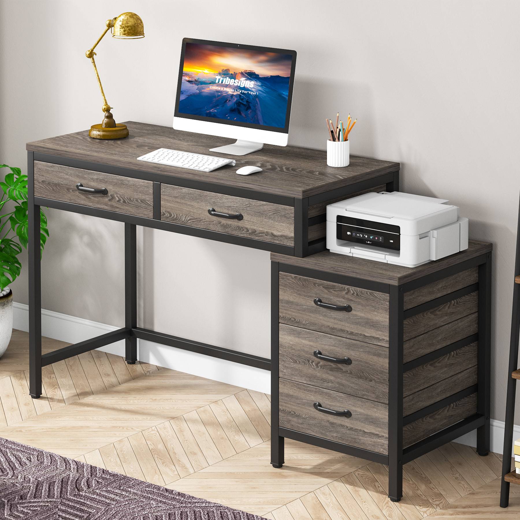 5-Drawer Computer Desk with Reversible Cabinet - Sturdy Study & Writing Table for Home Office, Gaming, and Workspace Organization