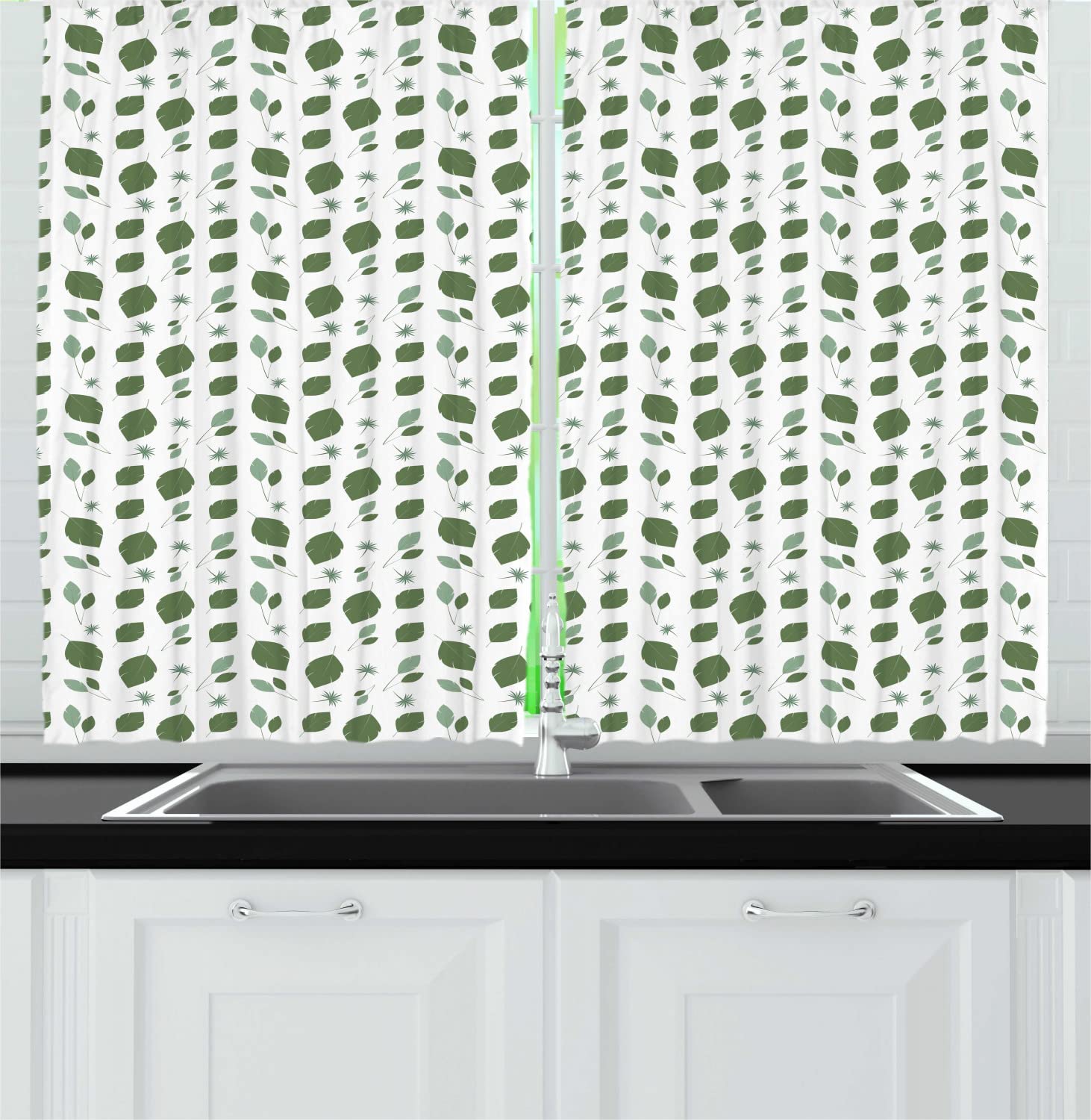 Ambesonne Green and White Leaf Print Kitchen Curtains - 55
