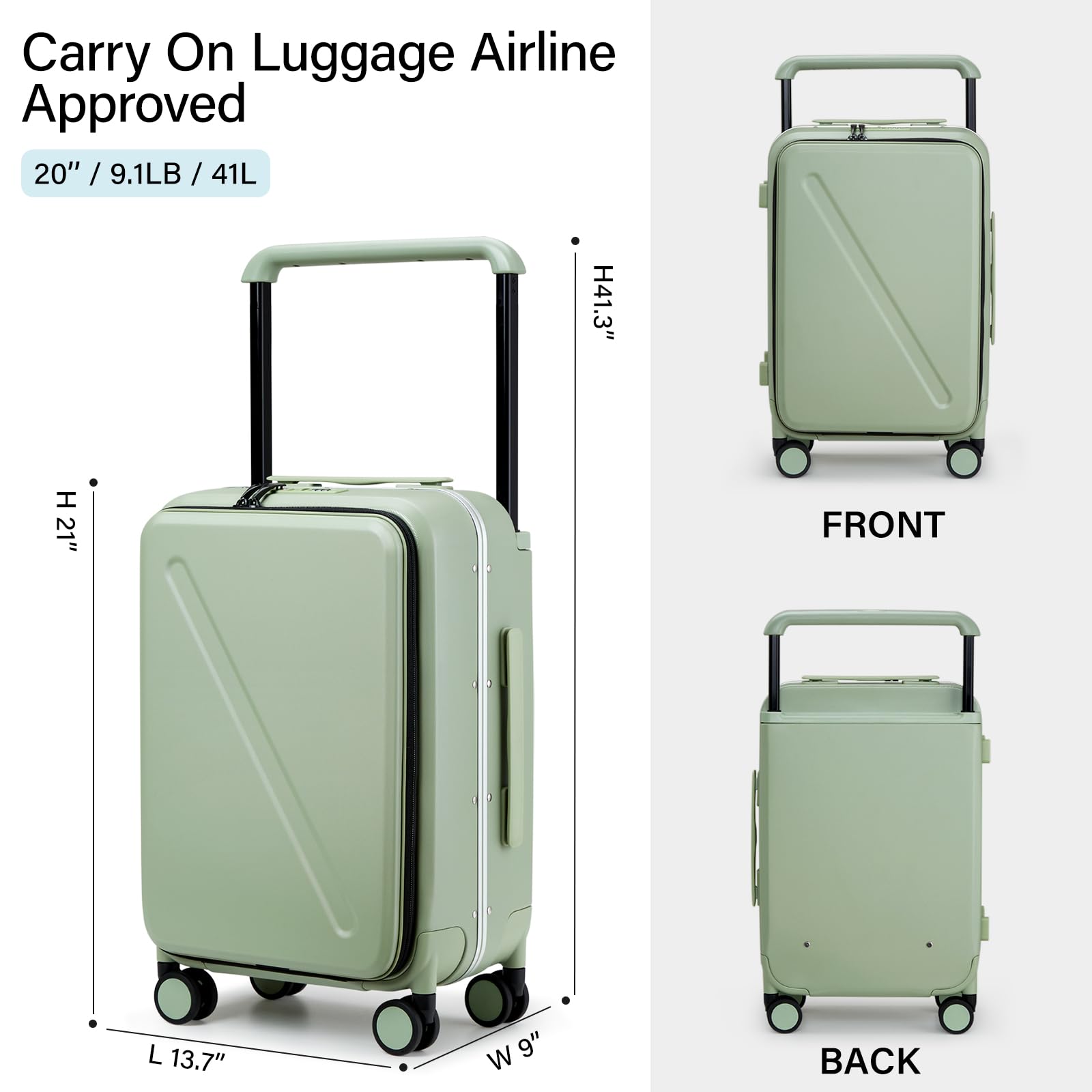 MILADA 20 Inch Hard Shell Carry-On Luggage with Front Opening Pocket - TSA Approved, Airline Compliant (22x14x9 Inches) - Lightweight Spinner Suitcase with 360° Wheels & Wide Handle for Travel - Perfect for Business Trips & Weekend Getaways - Green