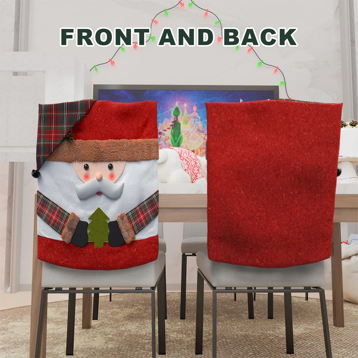 Christmas Chair Covers Set of 2 - Santa Snowman Holiday Chair Back Covers for Dining Room, Kitchen & Party Decor (Red & Green, Large) - Perfect for Christmas Dinner, Holiday Gatherings & Festive Home Decor