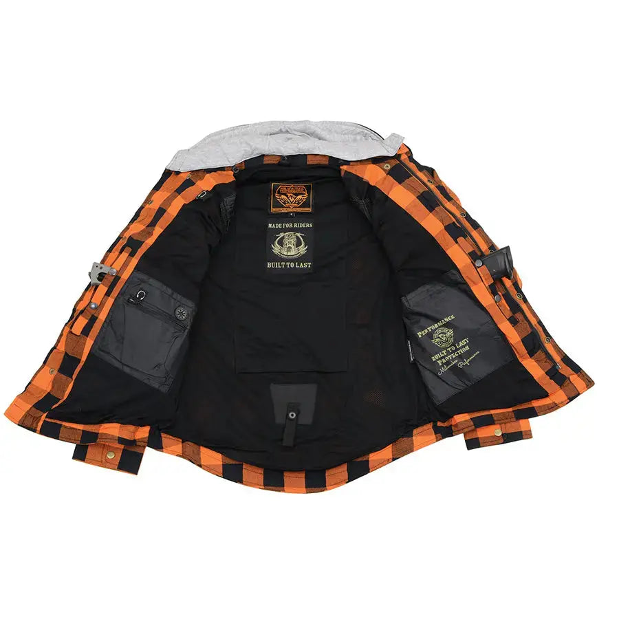 Milwaukee Leather Men's Orange & Black Armored Flannel Biker Shirt with Reinforced Fibers - Durable Motorcycle Riding Gear for Harley Davidson & Cruiser Bikes
