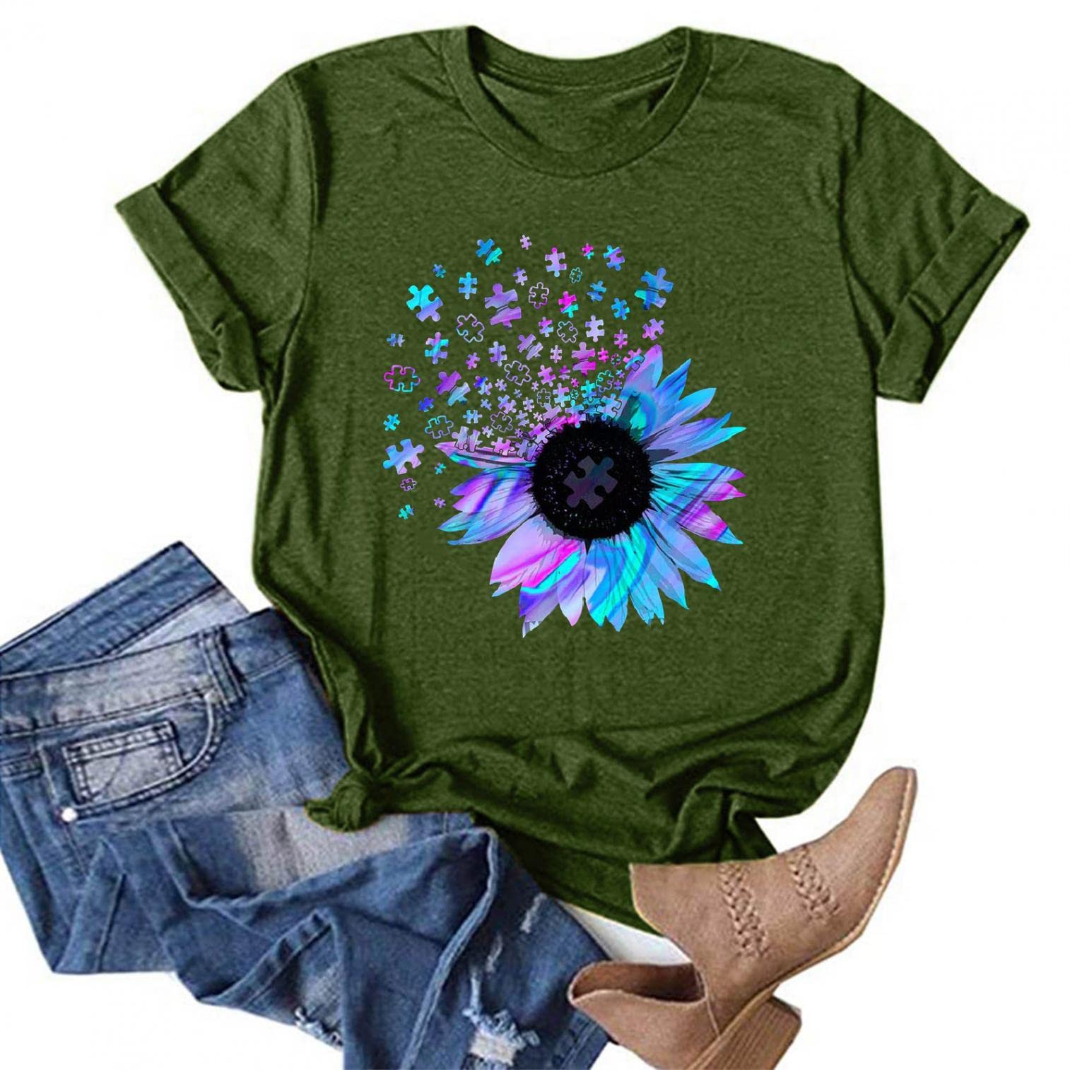 Women's Casual Summer Short Sleeve T-Shirt - Cute Sunflower Printed Graphic Tee for Everyday Wear | Perfect for Beach Outings, Weekend Brunch & Summer Vacations