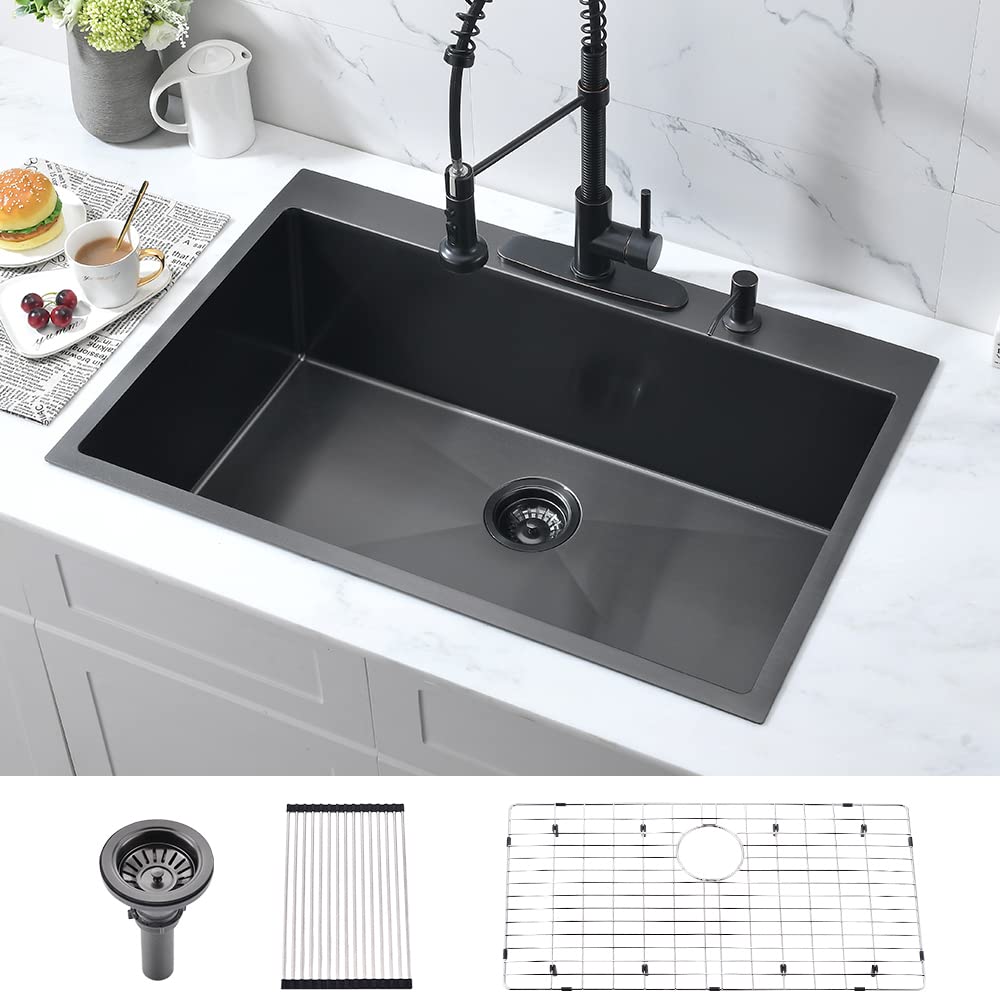 33x22 Inch Black Stainless Steel Drop-In Kitchen Sink - 16 Gauge Deep Matte Black Single Bowl with Dish Grid & Roll-Up Rack - Perfect for Modern Kitchens, Restaurants, and Food Prep Areas