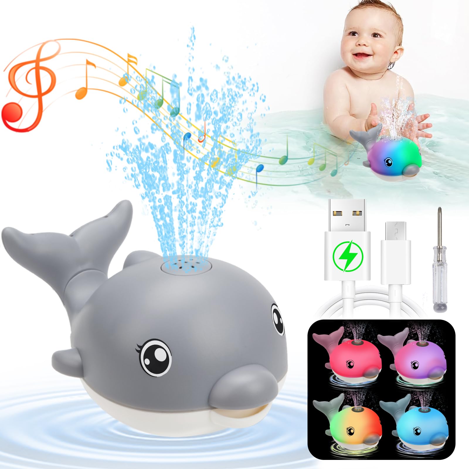 Rechargeable Light Up Dolphin Bath Toys for Babies & Toddlers 6-18 Months - Musical Sprinkler Bathtub Toys for Boys & Girls 1-4 Years - Perfect Easter Basket Stuffers & Sensory Play for Infants (Grey)