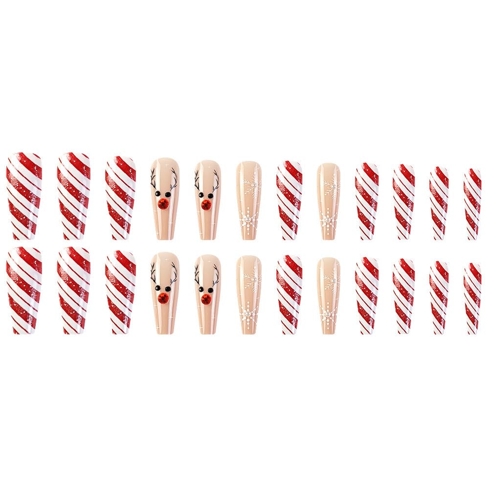 Christmas Press on Nails Long Coffin Fake Nails - Red White Swirl Snowflake Elk Design with Rhinestones & Glitter - 24Pcs Full Cover Acrylic Stick on False Nails for Women - Perfect for Holiday Parties, Gift Giving & Festive Manicures