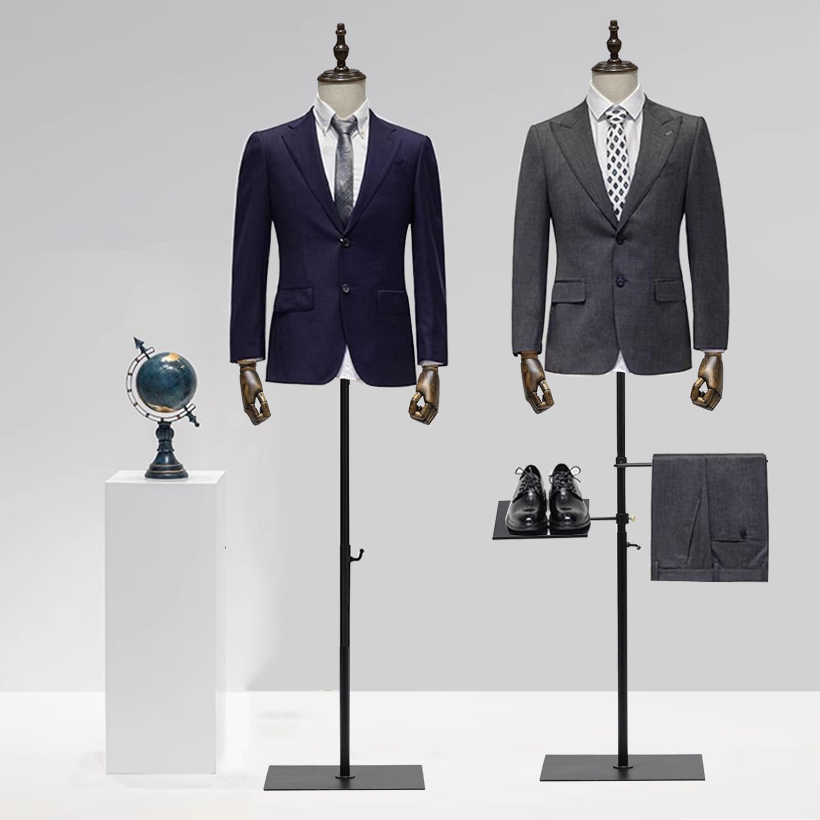 Adjustable 53-76 Inch Male Dress Form Mannequin with Wooden Arms & Metal Stand - Detachable Trousers Rack & Shoe Holder - Pinnable Torso for Clothing Display | Perfect for Retail Stores, Tailoring Shops & Fashion Design Studios