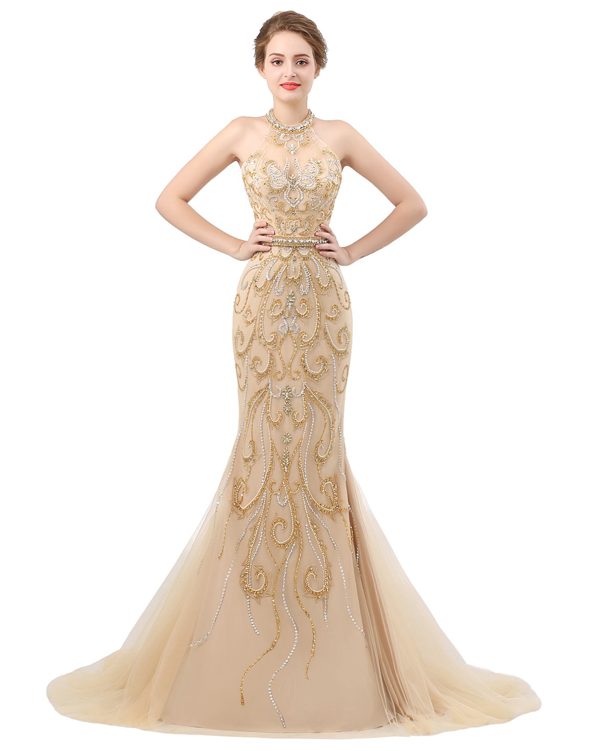 Elegant Ikerenwedding Women's Halter Beaded Sequins Pearls Mermaid Tulle Evening Gown for Prom, Wedding Guest & Special Occasions