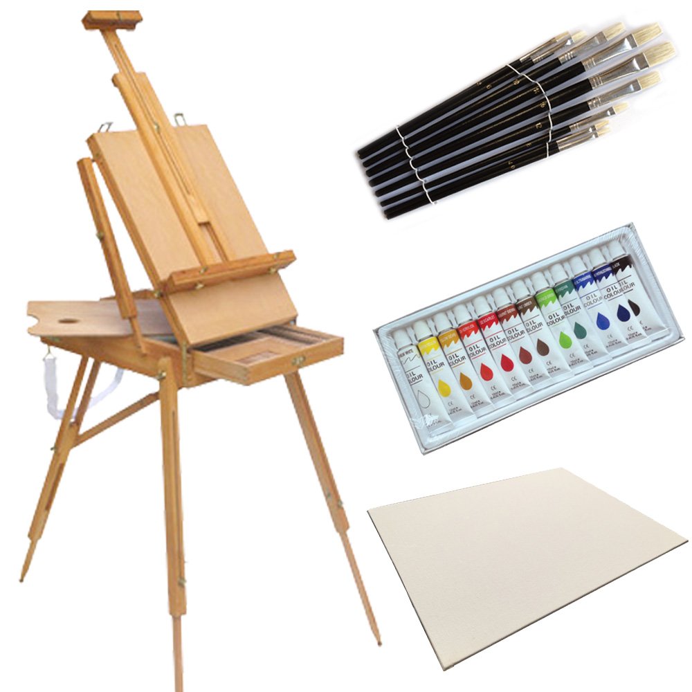 4 Less Co French Easel Oil Paint Set - Wooden Sketch Box Artist Painting Kit for Outdoor & Studio Artwork | Perfect for Beginners & Professionals