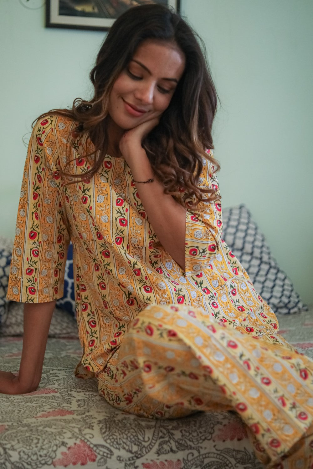 Sootisyahi 'Daisy Bliss' Handblock Printed 100% Pure Cotton Women's Nightwear Set - Soft & Breathable Pajama Set for Comfortable Sleep & Lounge Wear