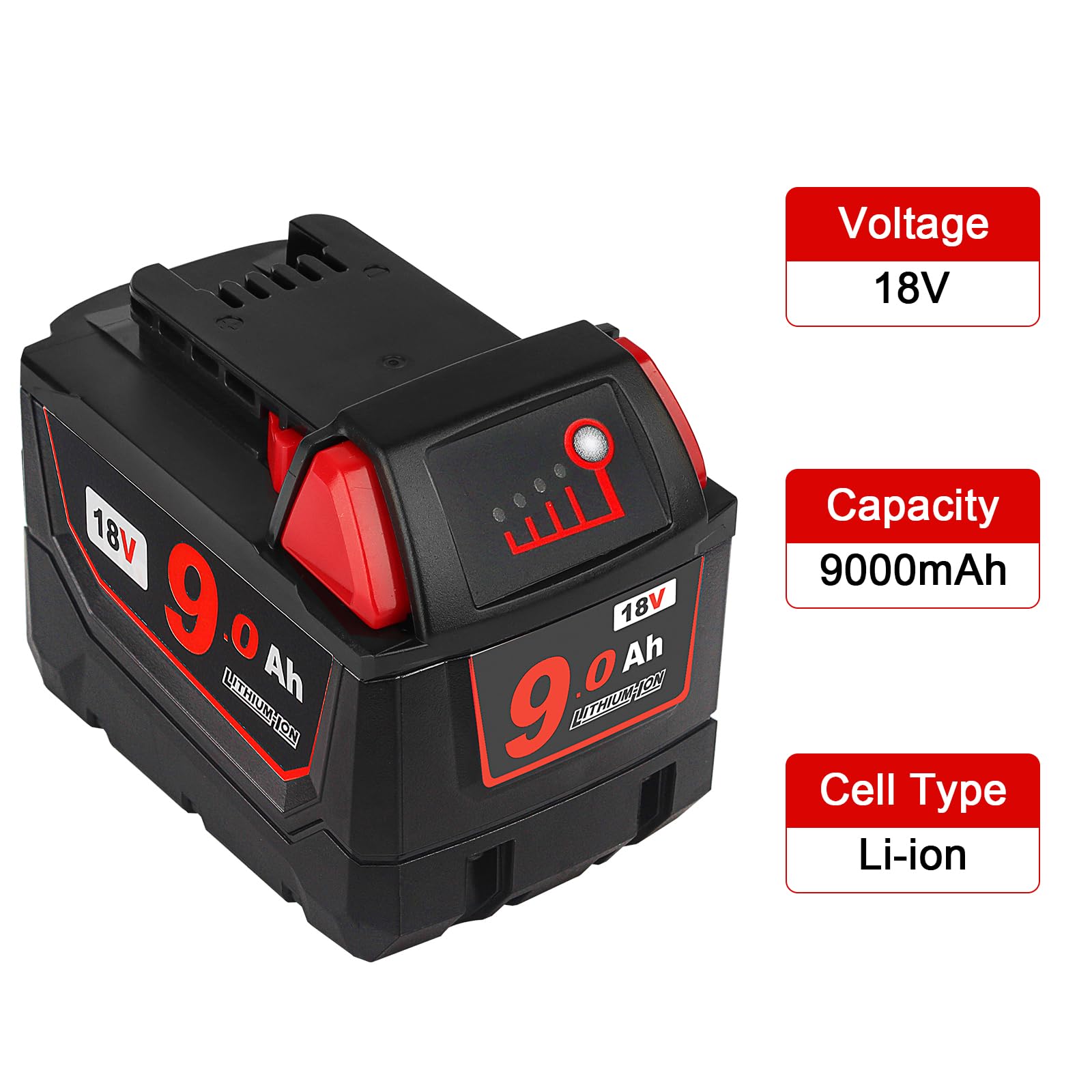 18V 9.0Ah High Capacity Replacement Battery for Milwaukee 48-11-1820 48-11-1850 48-11-1862 48-11-1828 48-11-1865 48-11-1840 - Compatible with Milwaukee M18 Cordless Power Tools - Perfect for Drills, Saws, Flashlights & More DIY/Construction Projects