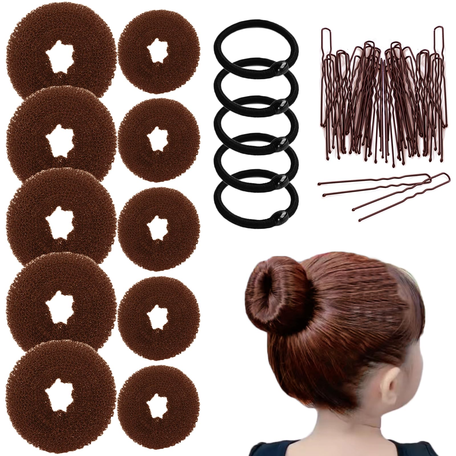 10 Pcs Hair Bun Maker Set - Donut Bun Maker for Women & Kids (5 Medium & 5 Small) with Elastic Hair Ties & Hair Pins - Light Brown - Perfect for Ballet, Dance, Work & Everyday Hairstyles