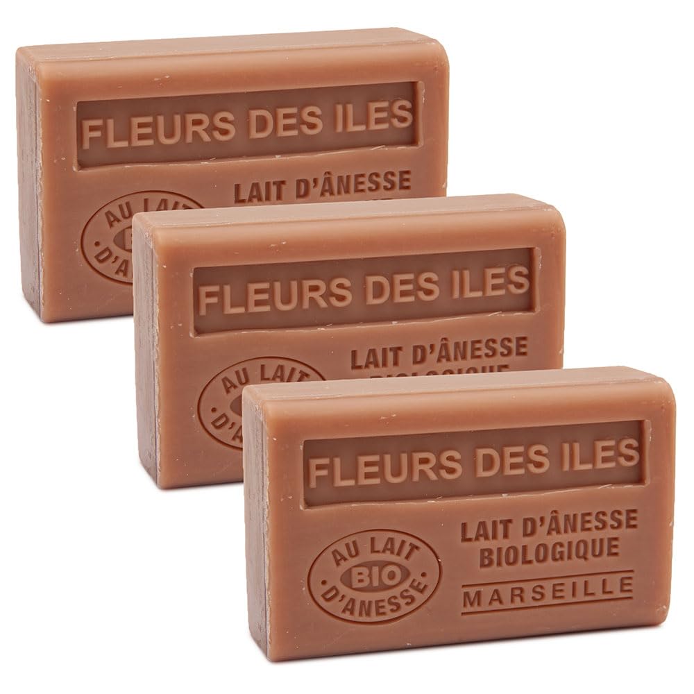 **Organic Donkey Milk French Soap - Provence Label Savon de Marseille - Island Flower Scent - 125g Bar (Set of 3) - Luxurious Bath & Skin Care for Sensitive Skin**    *Perfect for spa days, gentle cleansing, and nourishing dry or sensitive skin.*