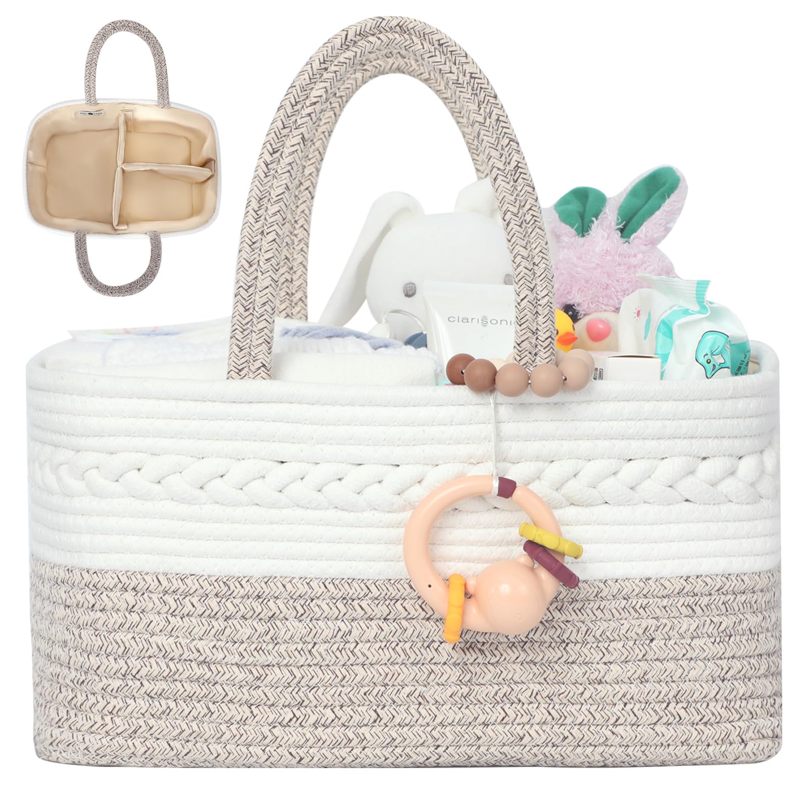 Miss Fong Portable Diaper Caddy Organizer with Removable Dividers - Travel Baby Changing Station for Newborns & Car Essentials Storage (Natural) | Perfect for Nursery, On-the-Go Parents & Road Trips