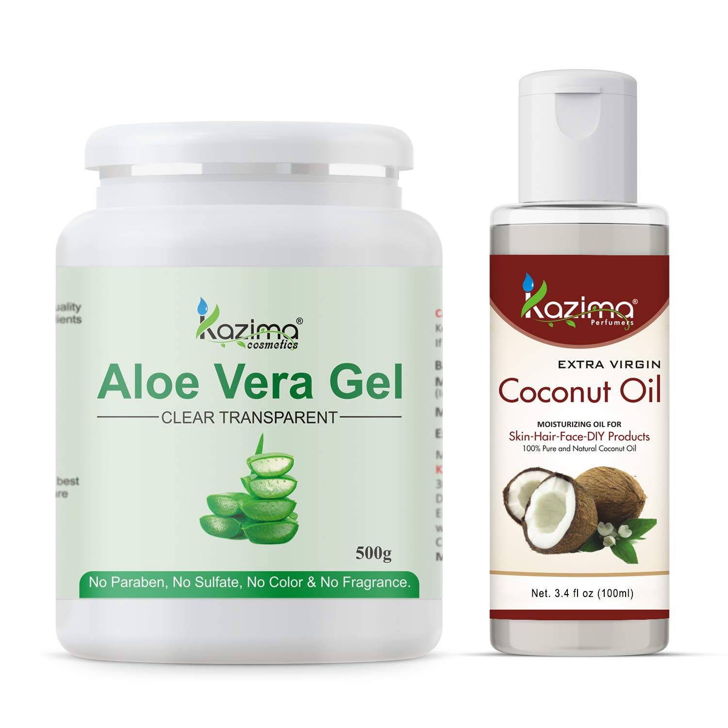 KAZIMA 100% Pure Aloe Vera Gel (500g) & Coconut Oil (100ml) Combo Pack - Natural Hair Growth Treatment for Damaged Hair, Face Moisturizer & Dry Skin Care | Perfect for DIY Beauty, Scalp Massage & After-Sun Relief
