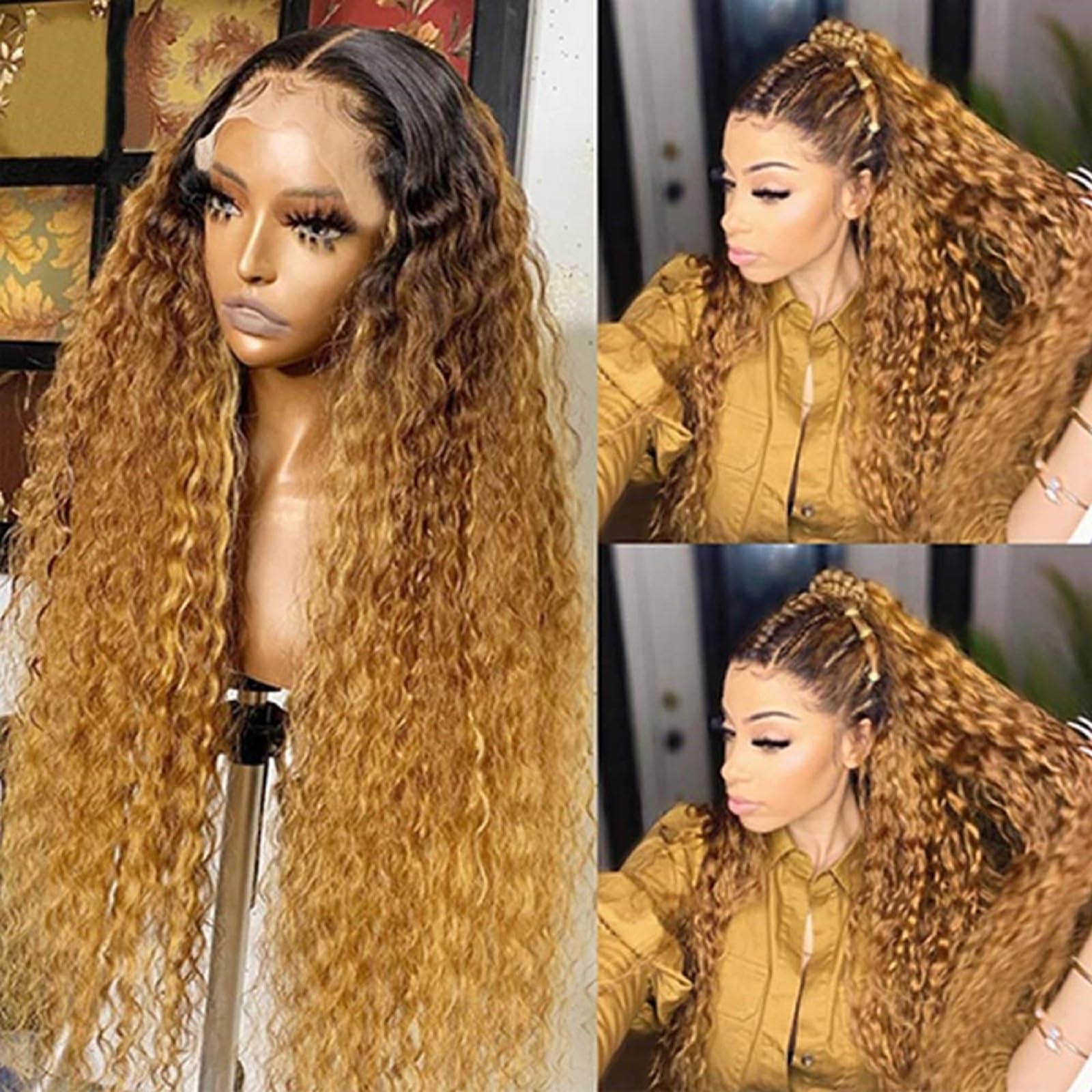 Omber Brown 27 Deep Wave 13x4 HD Lace Front Wig - 200% Density Human Hair with Pre-Plucked Hairline & Baby Hair | Natural Light Brown Curly Lace Frontal Wig for Women | Perfect for Daily Wear, Parties & Special Occasions