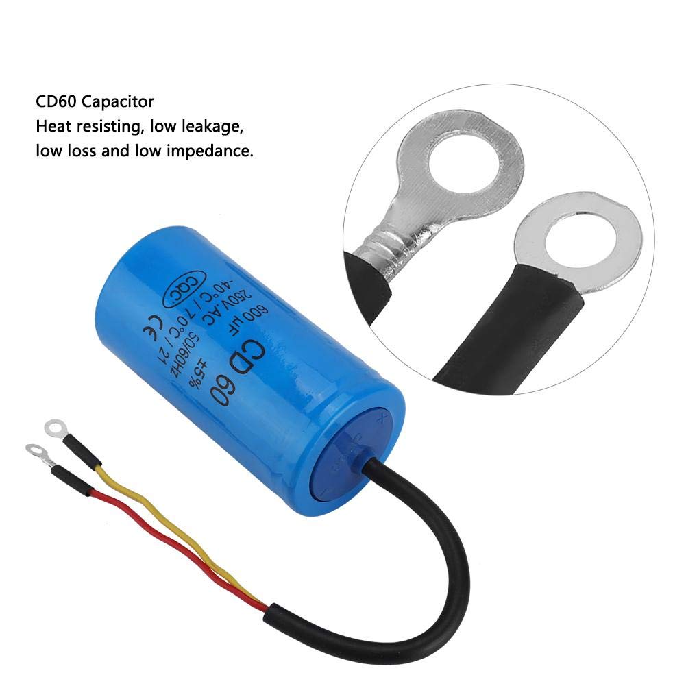 250V AC 600uF 50/60Hz CD60 Motor Run Capacitor with Wire - High Performance Start Capacitor for Air Compressor, HVAC, Fan & Pump Motors - Durable Replacement Part for Home & Industrial Applications