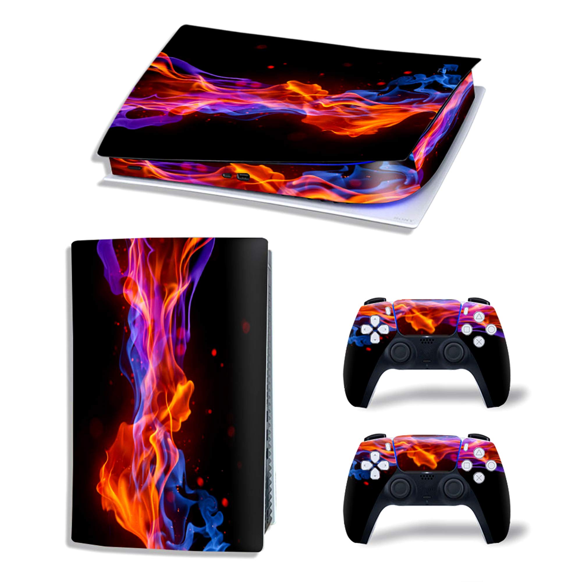 Teiyii PS5 Console & Controller Skins Set - Red & Yellow Flame Decal Sticker Wrap for PlayStation 5 Digital Edition | Protective Cover for Gaming Setup & Console Customization