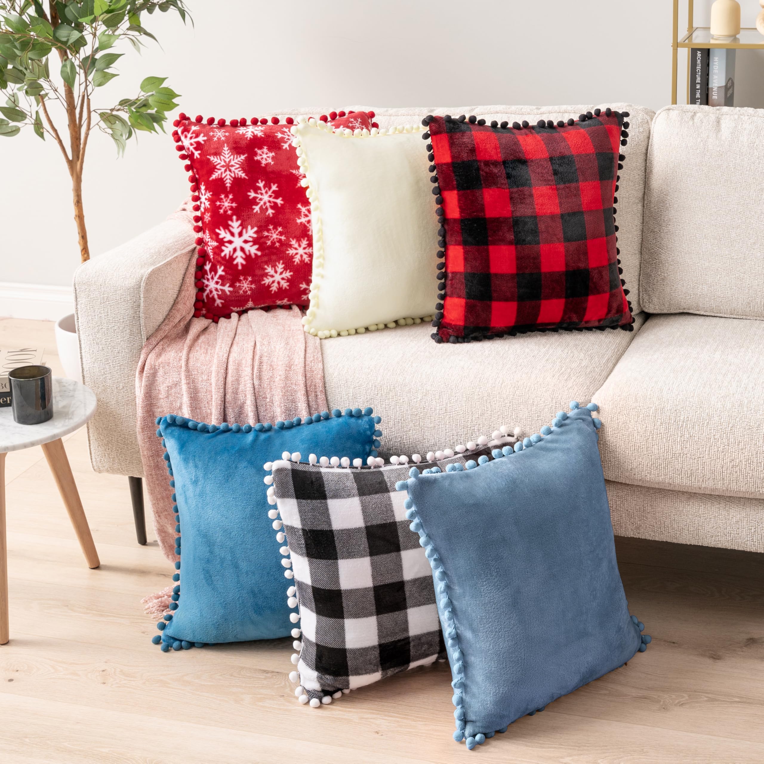 PAVILIA 20x20 Dusty Blue Velvet Throw Pillow Covers Set of 2 - Soft Euro Plush Pom Pom Decorative Cushion Covers for Sofa, Couch & Bed - Perfect for Living Room, Bedroom Aesthetic & Home Decor