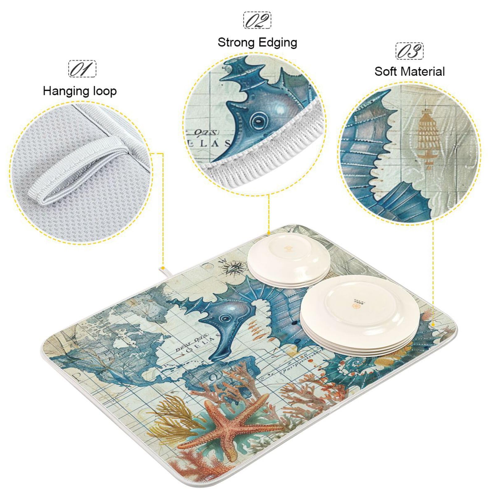 Retro Map Microfiber Dish Drying Mat 16x18in - Absorbent Kitchen Counter Mat for Fast Drainage | Perfect for Coastal-Themed Kitchens