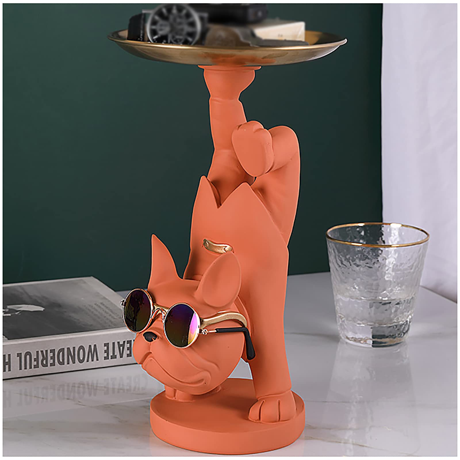 GRWGLE French Bulldog Sculpture Statue - Cute Desktop Decor for Home & Office | Yoga Orange Color | Perfect for Work Desk, Bookshelf, or Gift Idea