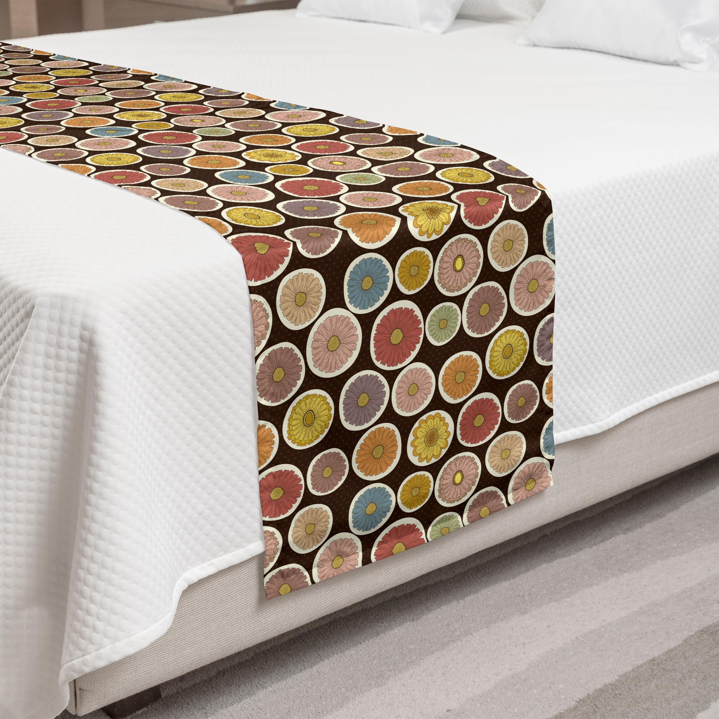 Ambesonne Floral Bed Runner - Hand Drawn Sunflowers Circular Pattern Decorative Accent Bedding Scarf for King Size Beds, Dark Brown Multicolor - Perfect for Hotels, Homes, Guestrooms & Wedding Decorations