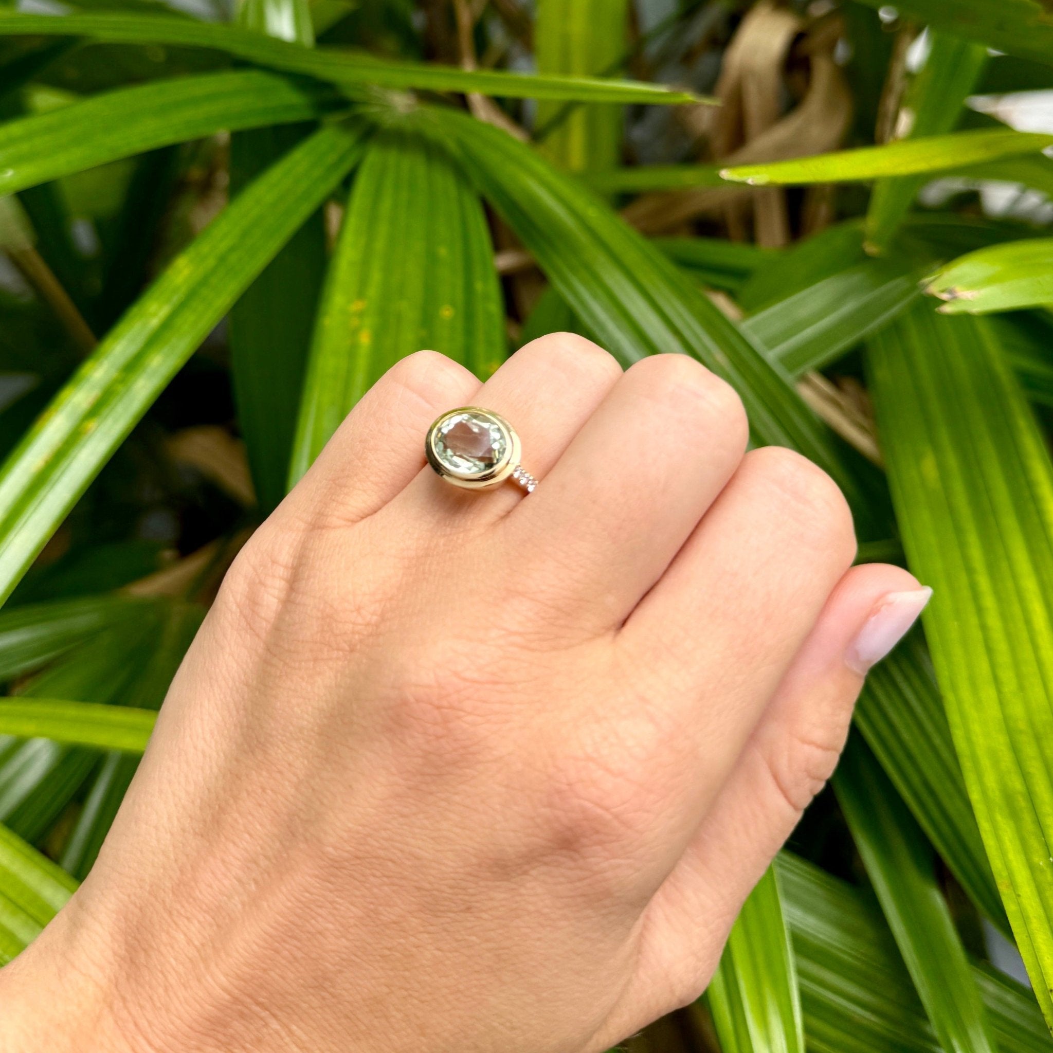 Elegant 18K Yellow Gold Ring with Oval Green Amethyst & Pavé Diamonds | Perfect for Engagement, Anniversary & Special Occasions
