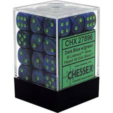 Chessex D6 36-Pack Dark Blue with Green Lustrous 12mm Pipped Dice Set - Perfect for Dungeons & Dragons, Board Games, and Tabletop RPGs