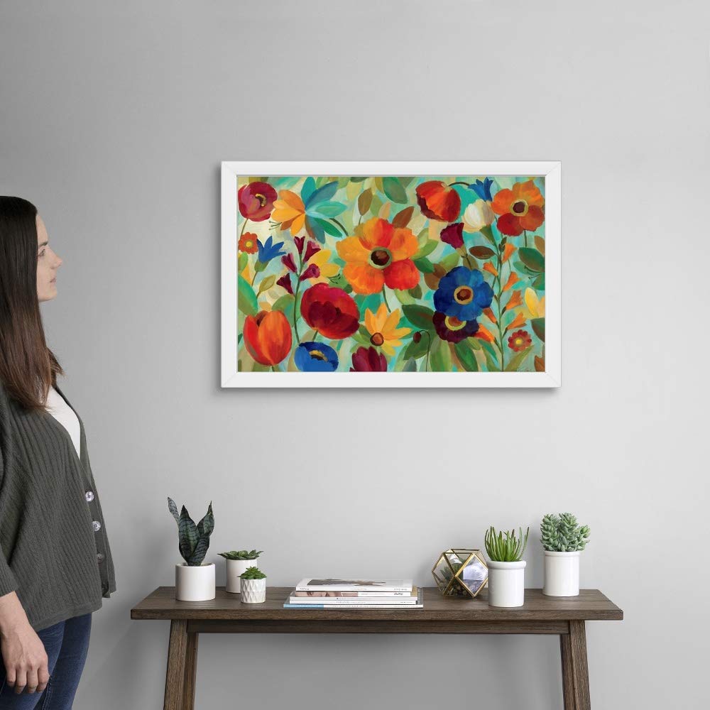 Summer Floral V White Framed Art Print - Modern Botanical Wall Decor for Living Room, Bedroom & Office | Ready to Hang Home & Office Artwork