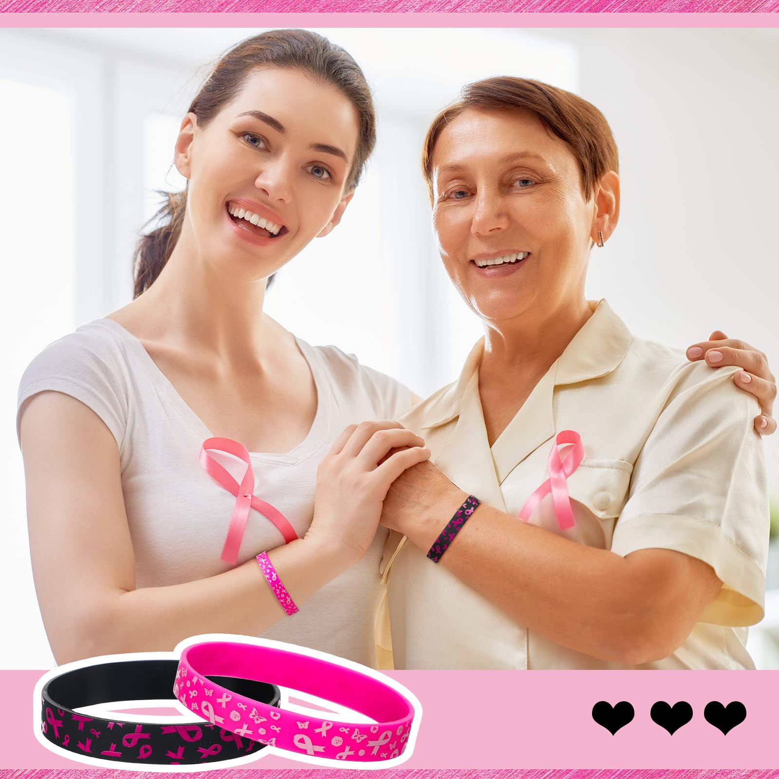 48 Pack Pink Ribbon Breast Cancer Awareness Silicone Wristbands - Inspirational Black & Pink Bracelets for Women, Fundraising Events, Survivor Gifts & Charity Support Accessories