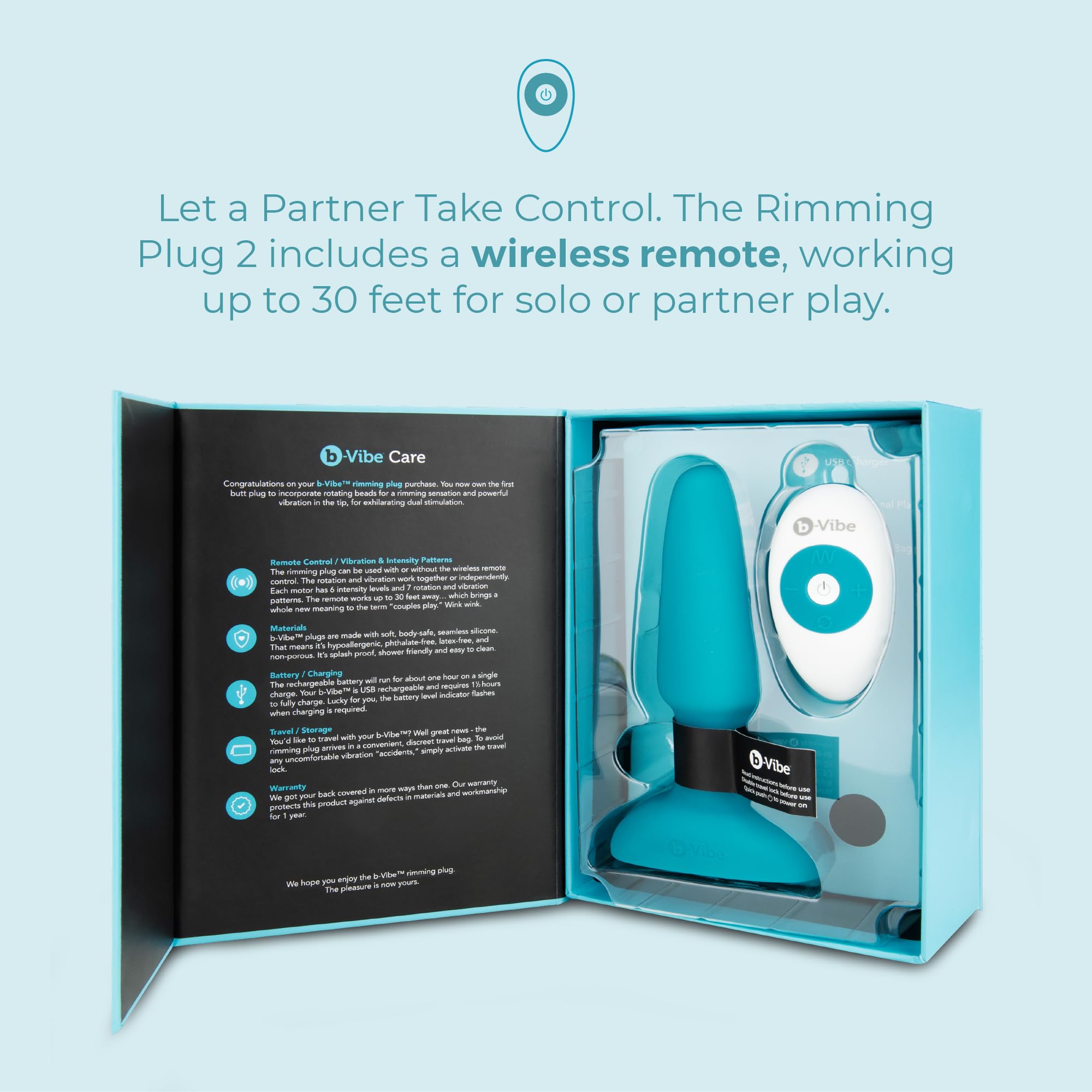 B-Vibe Remote Control Rotating Rimming Plug - 15 cm Blue - Perfect for Couples Play & Solo Pleasure