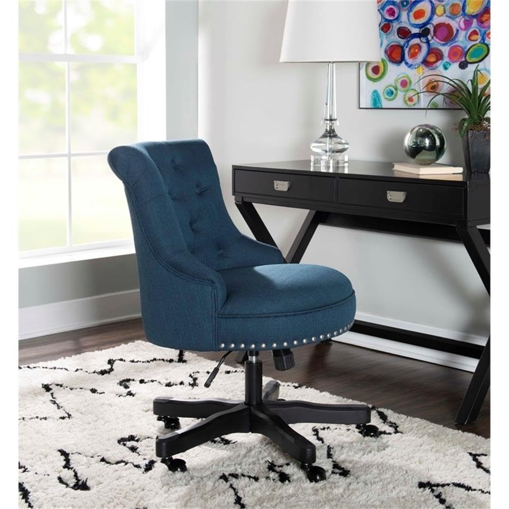 Linon Sinclair Wood Upholstered Office Chair - Ergonomic Blue Desk Chair for Home & Office Workspace, Comfortable Computer Task Chair with Adjustable Height for Long Hours Sitting