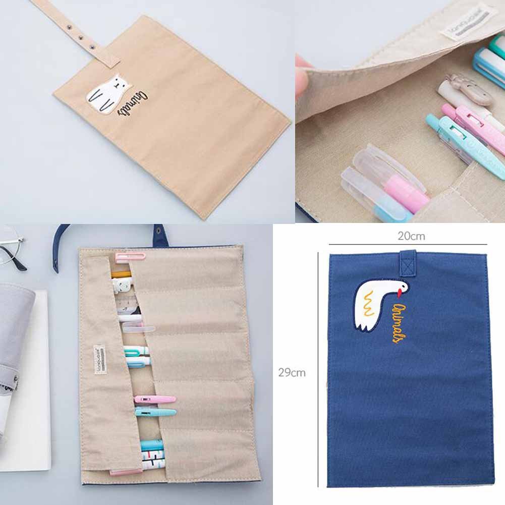 Bear Roll Up Pencil Case - Portable Canvas Pen Organizer for School & Office - Cute Cosmetic Pouch for Makeup Brushes & Stationery Storage - Perfect for Students, Artists & Travel