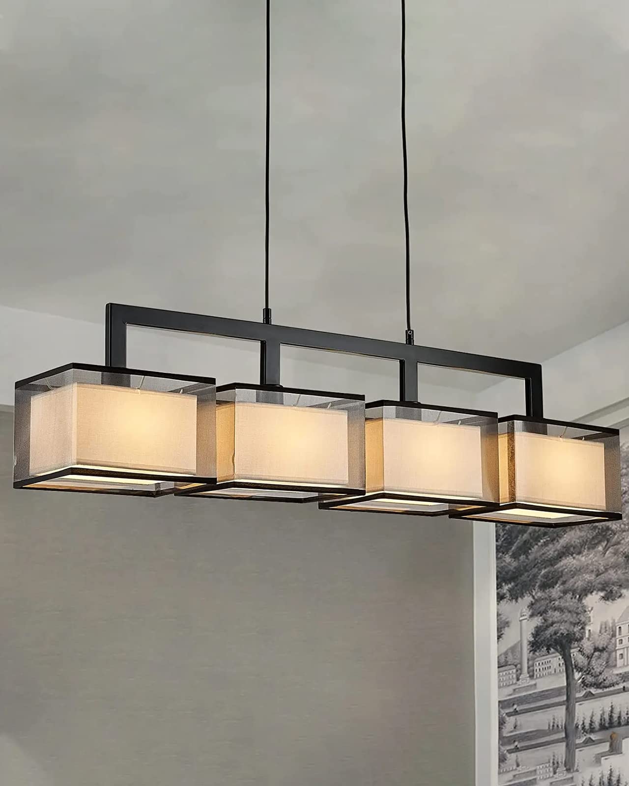 Modern Rectangular Chandelier - 4-Light Hanging Fixture with Adjustable Fabric Lampshade for Dining Room, Living Room & Restaurant Decor | Black Finish | Elegant Lighting Solution for Home & Commercial Spaces