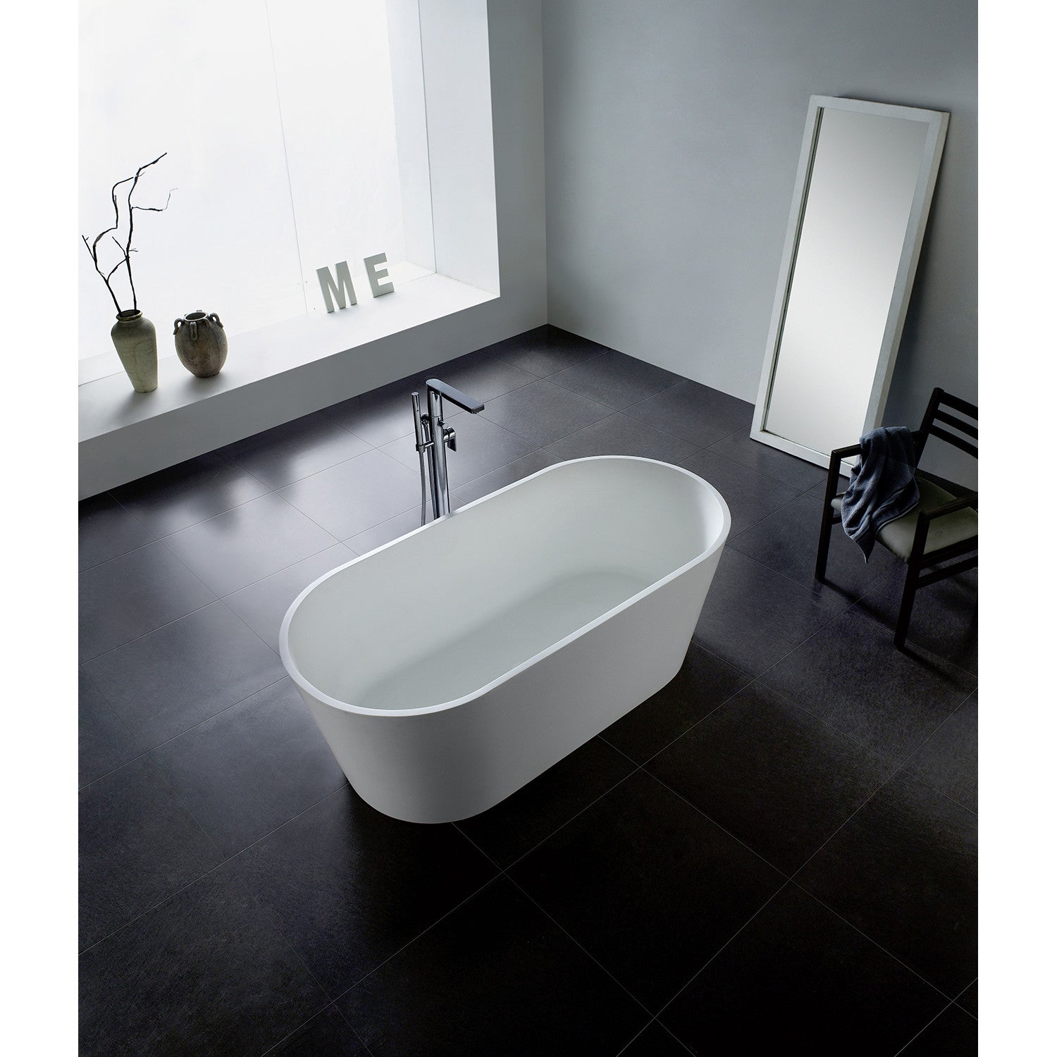 Arcticstone 67 Inch Freestanding Oval Bathtub - Solid Surface Double Ended Soaking Tub with Drain in Matte White | Perfect for Luxury Bathrooms & Spa Relaxation