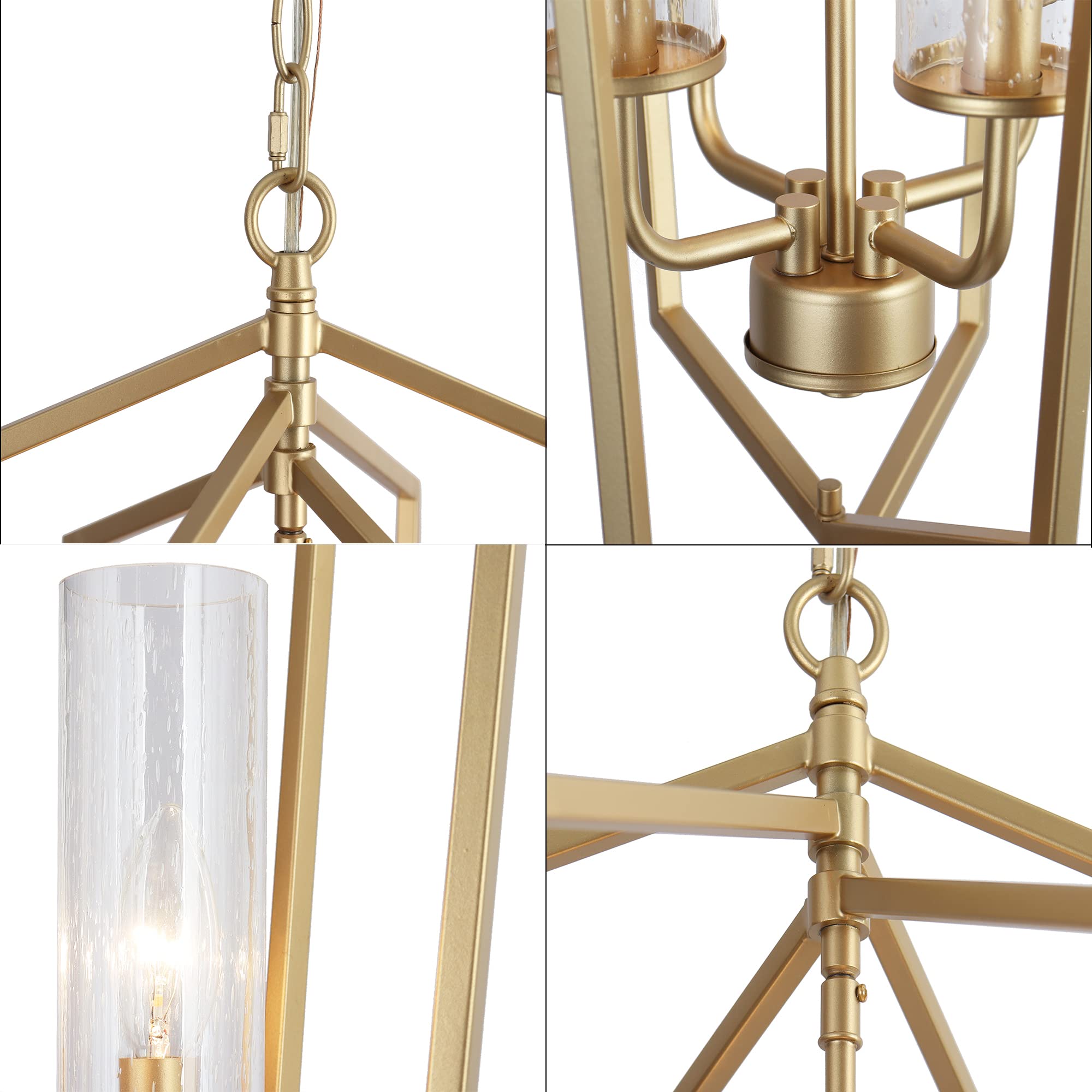 Modern Gold Chandelier - 4-Light Rotatable Geometric Lantern Pendant Light with Seeded Glass Shade - Elegant Lighting for Kitchen Island, Dining Room, Foyer & Bedroom - Perfect for Contemporary Home Decor & Interior Design