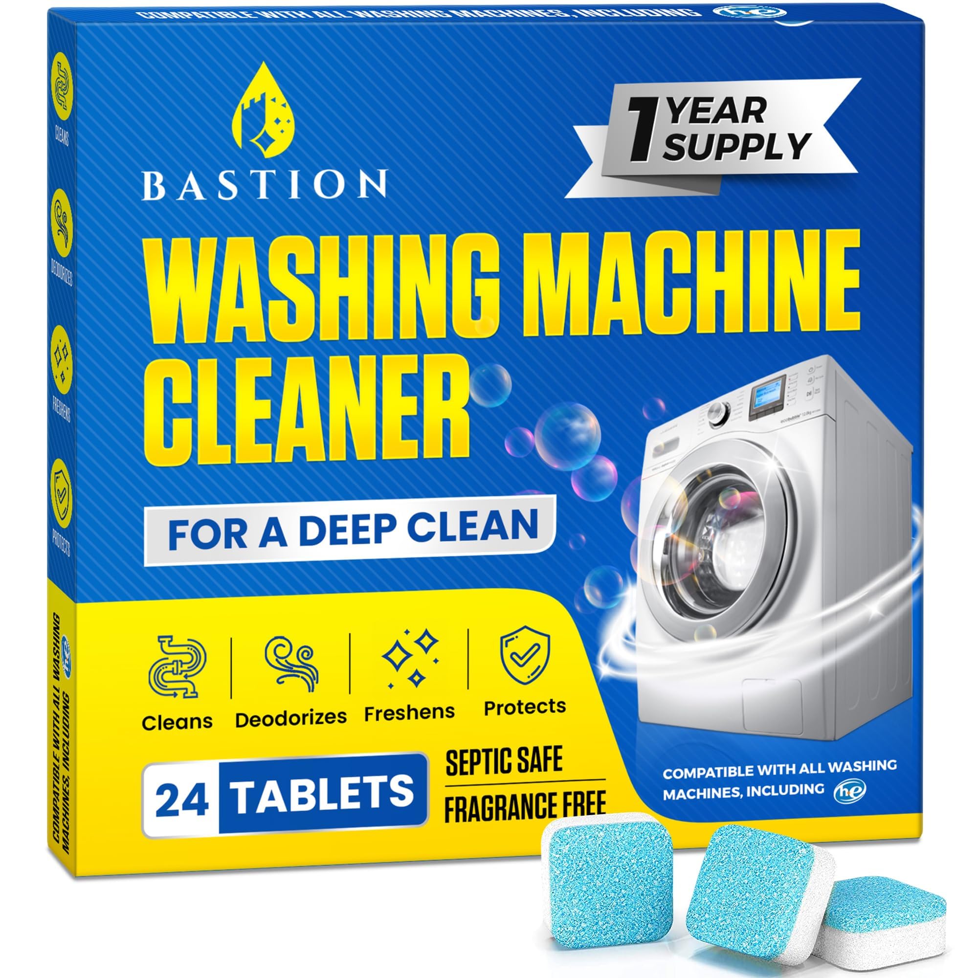 24-Pack Washing Machine Cleaner Tablets | Powerful Descaler & Deodorizer for HE Front Load & Top Load Washers | Septic Safe, Eco-Friendly Deep Clean | Removes Mold & Odors from Drum & Tub Seal | Year Supply | Ideal for Laundry Room Maintenance & Appliance Care