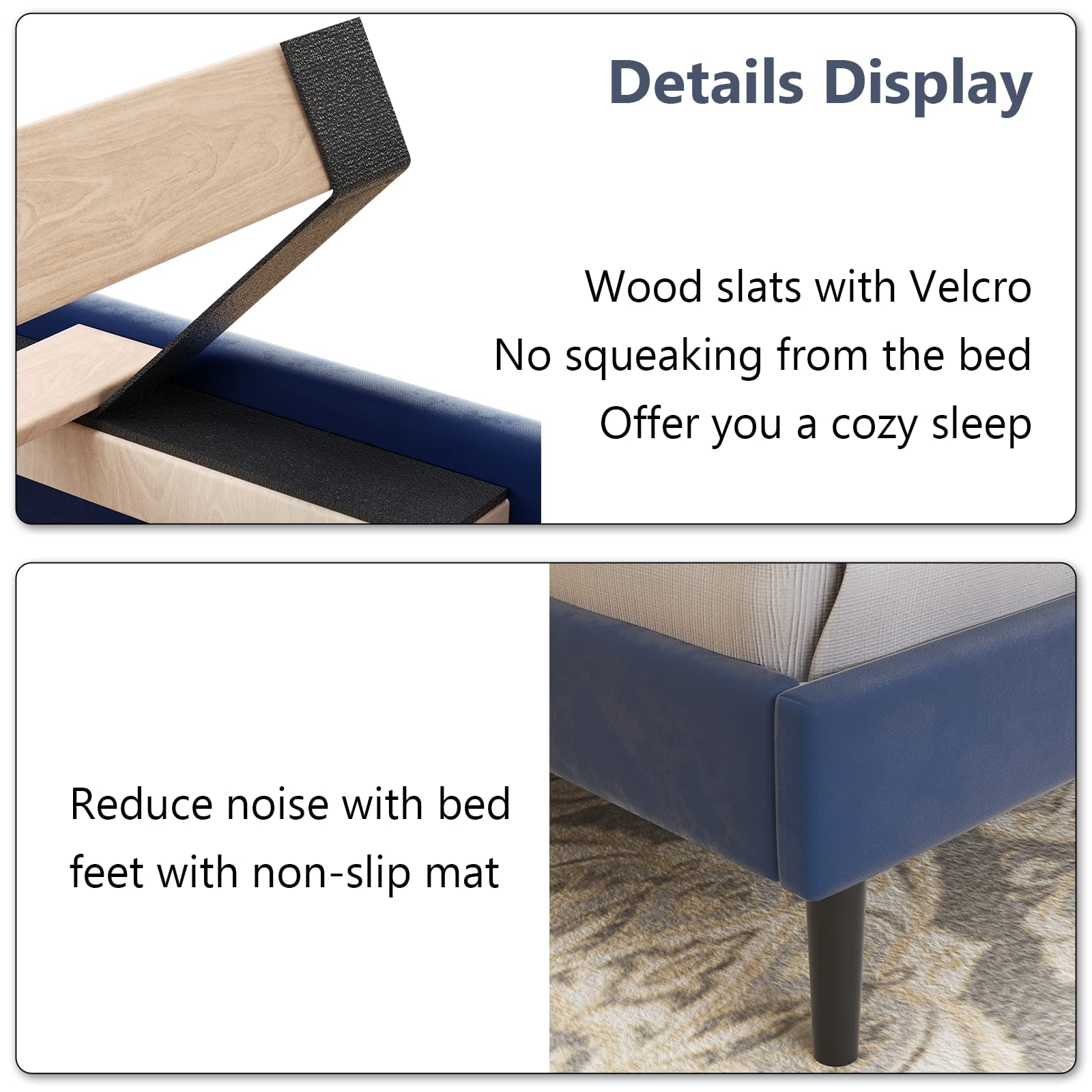 Queen Size Upholstered Platform Bed Frame with Button Tufted Headboard - Wood Slat Support, No Box Spring Needed - Blue Velvet Fabric - Easy Assembly Bedroom Furniture for Master Bedroom, Guest Room & Apartment
