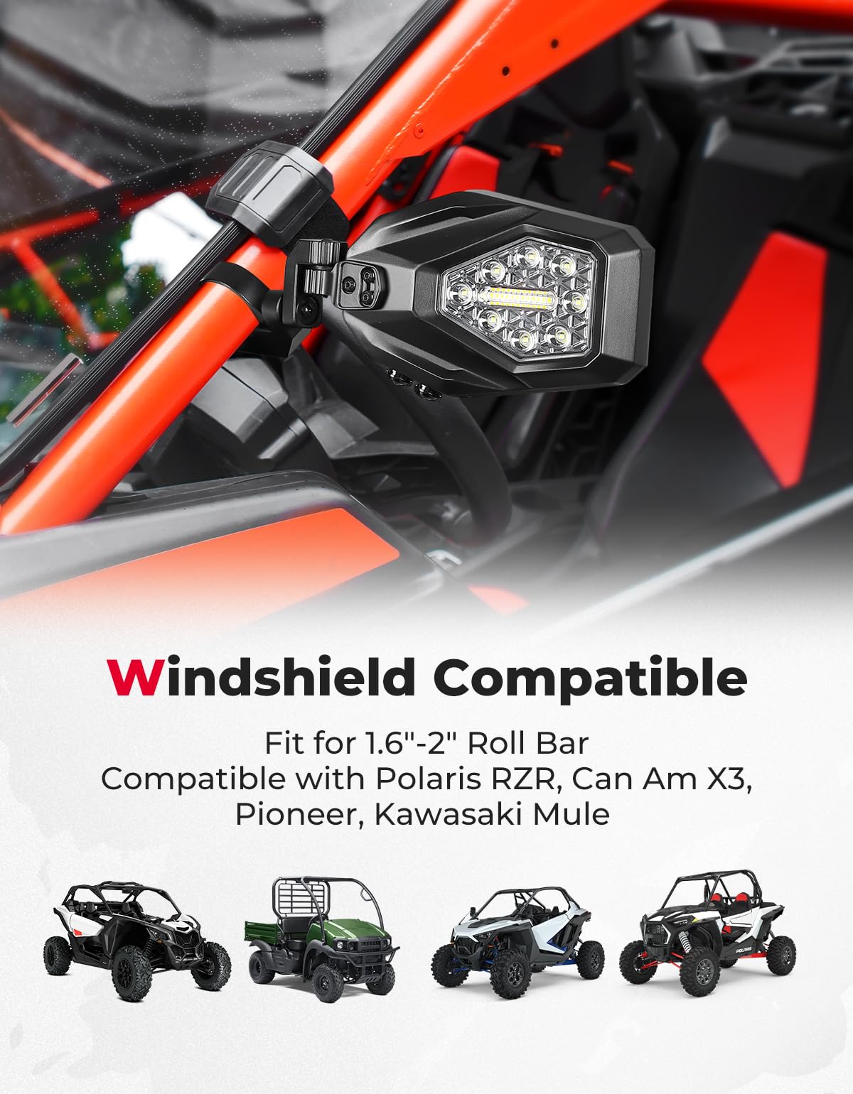 KEMIMOTO UTV LED Side Mirrors with Turn Signal, Spot & Ground Light - Heavy Duty Rally Mirrors for 1.6-2