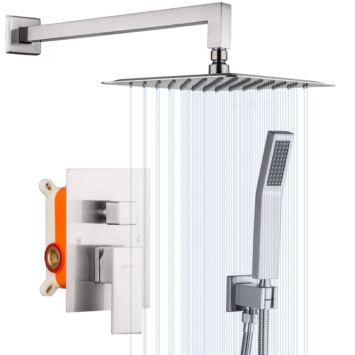 GAPPO 10 Inch Brushed Nickel Wall Mounted Rainfall Shower System - High Pressure Rain Shower Head with Handheld & Rough-in Valve - Perfect for Master Bathroom & Spa-Like Shower Experience