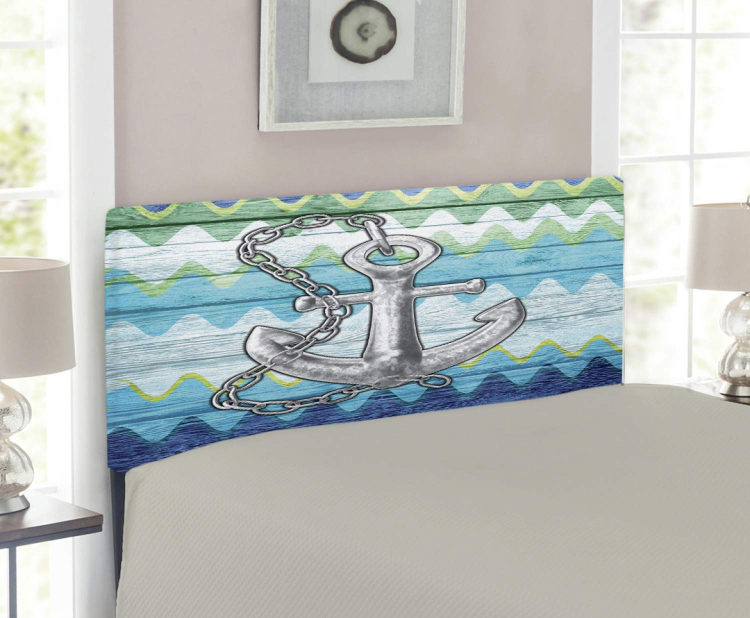 Ambesonne Nautical Anchor Headboard - Twin Size Upholstered Metal Bed Headboard with Memory Foam, Colorful Chevron Zigzag Design & Chain Motif | Perfect for Coastal, Beach House or Nautical Themed Bedrooms
