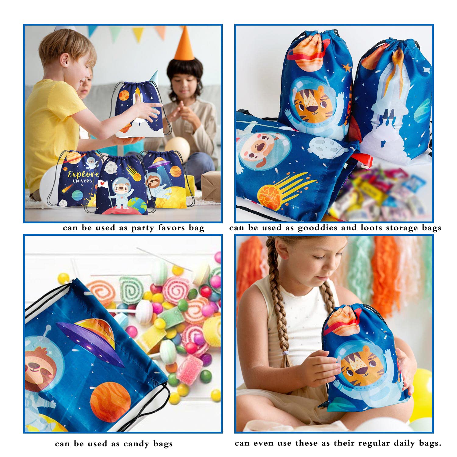 12 Pack Space Themed Party Favor Bags - Kids Birthday Party Supplies, Drawstring Goodie Bags for Boys & Girls, Candy & Snack Storage for School, Travel & Toy Organization - Perfect for Birthday Parties, Classroom Rewards & Travel Snacks