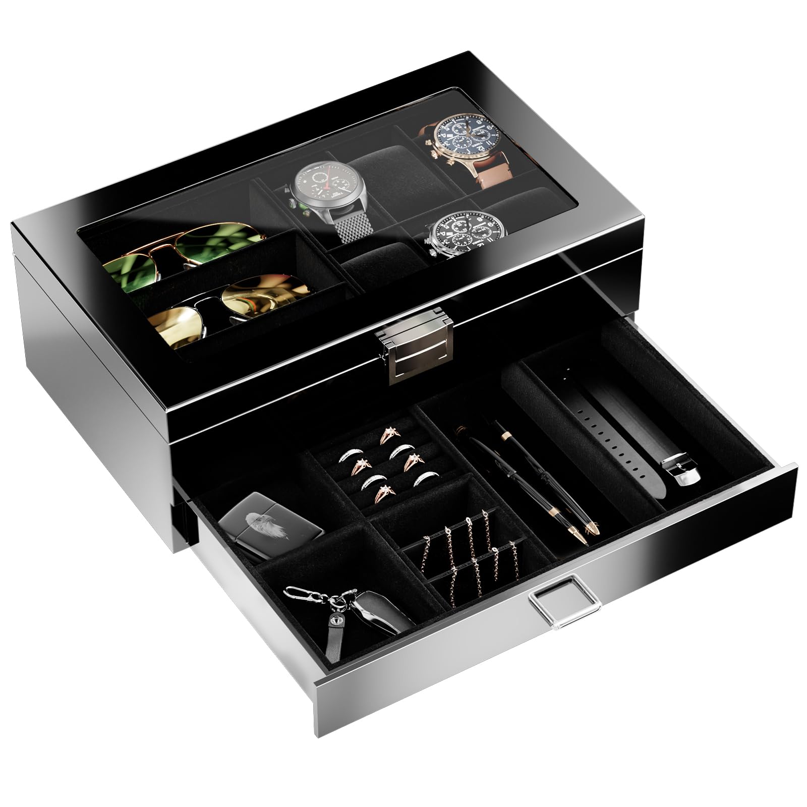 ProCase Wooden Jewelry Box for Men - 2-Tier Watch Holder & Sunglasses Organizer with Clear Glass Top & Storage Drawer - Perfect for Dresser Top Display & Travel Accessory Storage (Black)