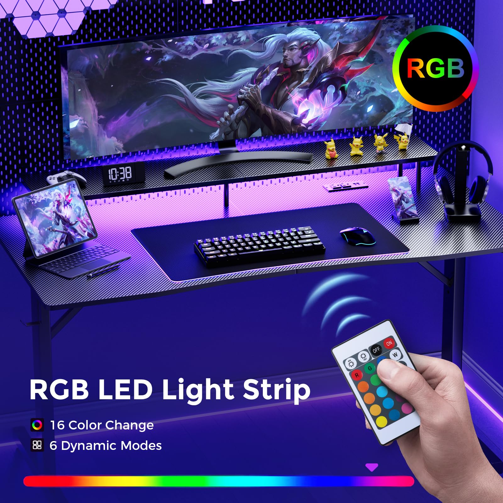 GTRACING 55 Inch LED Gaming Desk with Power Outlet & Monitor Stand - Ergonomic Carbon Fiber Computer Desk with Headphone Hook & Mouse Pad - Perfect for PC Gaming Setup, Home Office & Esports